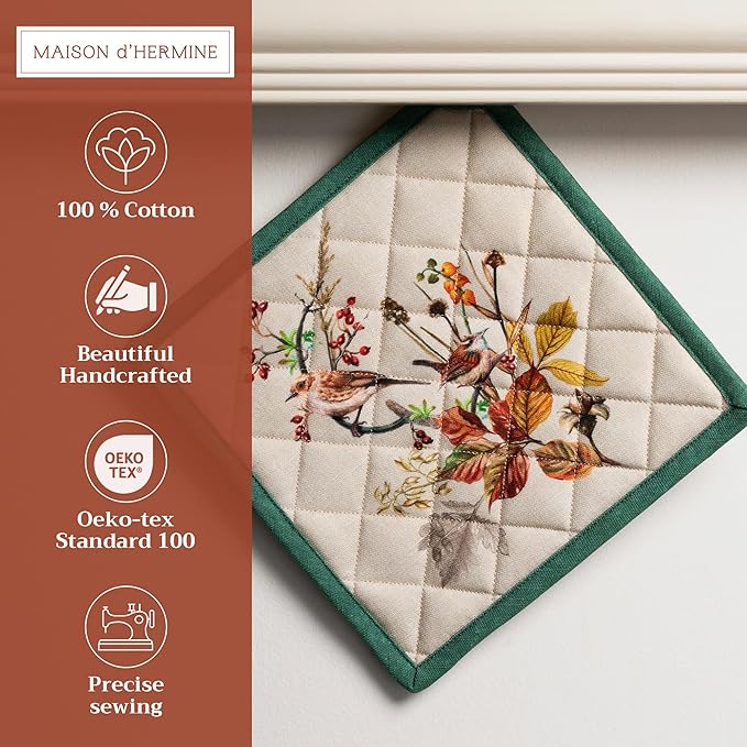 Maison d' Hermine Pot Holders 100% Cotton Heat Resistant Potholders 8" x 8" Hot Pads with Loop for Thanksgiving Christmas Decorations BBQ Cooking Baking Handling Hot Pans (Pack of 1, Recolte)