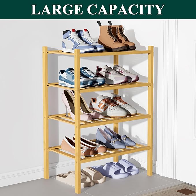 Smiry Bamboo Shoe Rack for Closet, 4 Tier Small Wooden Stackable Shoe Organizer, Free Standing Shoes Storage Shelf for Entryway, Front Door Entrance, Natural