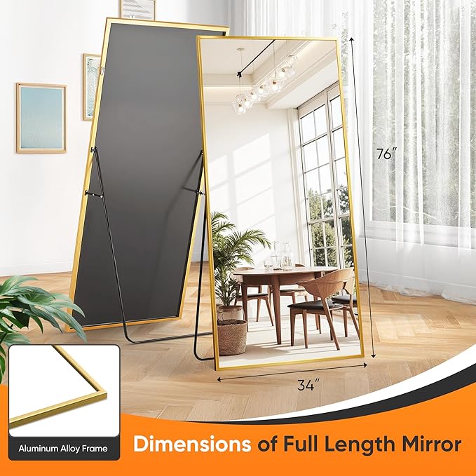 Suidia Full Length Mirror, 76"x34" Floor Standing Mirror Freestanding, Full Body Mirrors with Stand for Bedroom, Hanging Mounted for Living Room Cloakroom, Gold, Rectangular Style