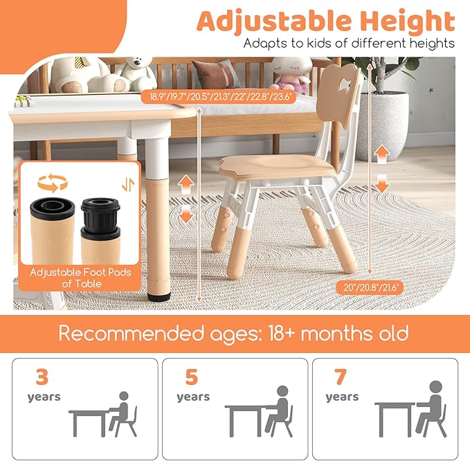 Costzon Kids Table and 4 Chair Set, Height Adjustable Toddler Desk and Chairs with Graffiti Desktop, Non-Slip Legs, Children Art Study Multi-Activity Table Set for Home, Daycare, School (Natural)