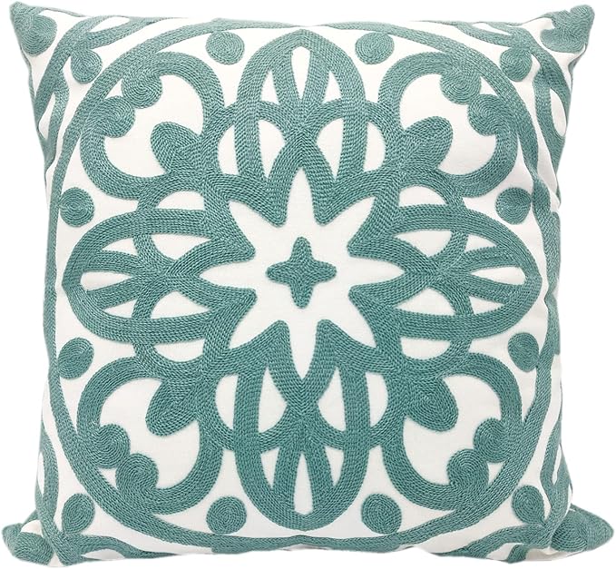 Alysheer Embroidered Decorative Throw Pillow Cover 18x18 inch, Cozy Cool Boho Mandala Chic Knit Pattern, Durable 100% Cotton Cushion Case for Sofa Couch Living Room Bedroom Office Gifts (Aqua Blue)