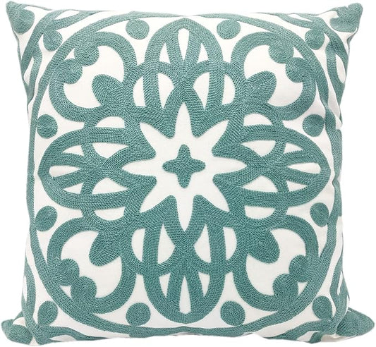 Alysheer Embroidered Decorative Throw Pillow Cover 18x18 inch, Cozy Cool Boho Mandala Chic Knit Pattern, Durable 100% Cotton Cushion Case for Sofa Couch Living Room Bedroom Office Gifts (Aqua Blue)