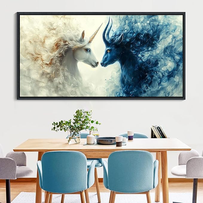 HKDGOKA Large Framed Wall Art, Blue and White Gradient Abstract Animals Paintings Light Dark Style Opposition Artwork Canvas Prints Pictures for Bedroom Living Room Kitchen Home Decor 24x48 IN