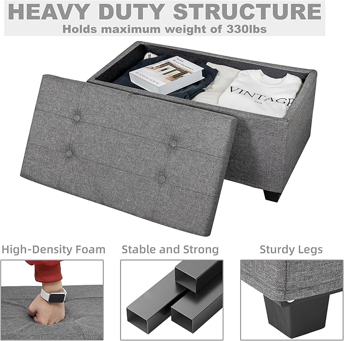 LITZFUE Metal Storage Ottoman Bench with Flipping Lid, 30 Inches Shoe Bench with Legs, Linen Footrest, Storage Chest for Living Room, Bedroom, Entryway, Dark Gray