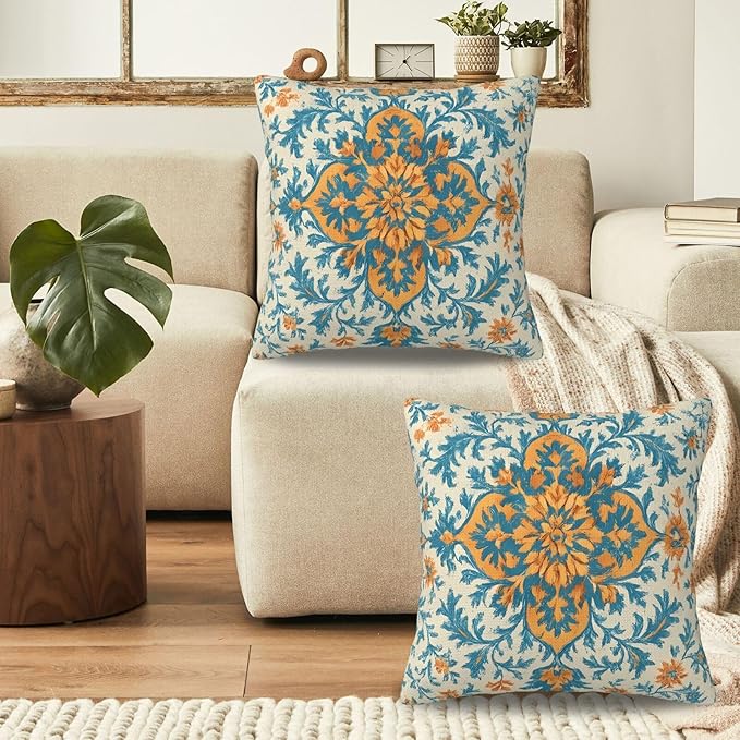 Blue Orange Boho Pillow Covers 20x20 Inch Set of 2 Ethnic Carpet Pattern Floral Outdoor Decorative Throw Pillows Fall Vintage Cushion Covers for Sofa Bed Couch Living Room Decor