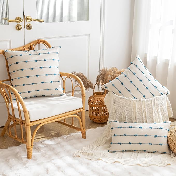 Boho Throw Pillow Covers 24x24 Set of 2 Modern Farmhouse Decorative Cushion Case Tufted Square Pillows Cover Neutral Pillow Cases Accent Pillowcase for Sofa,Couch,Bed,Beige and Blue