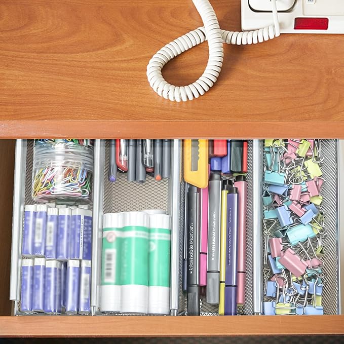 4PCS Drawer Organizer, Mesh Drawer Organizer with Interlocking Arm for Utensil, Cosmetic, Flatware, Pen (12 * 3 * 2 Inches, Grey)