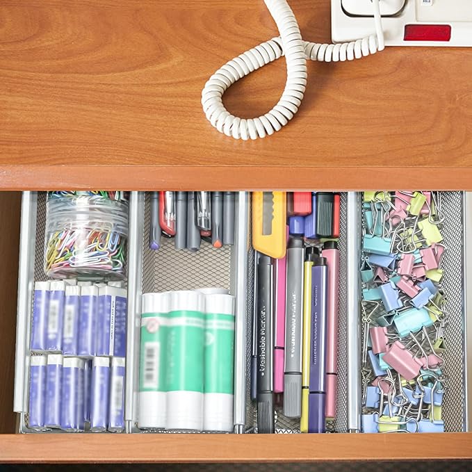 4PCS Drawer Organizer for Kitchen, Utensil Mesh Organizer With Interlocking Arm for Cosmetic, Flatware, Pen (9 * 3 * 2 Inches, Grey)