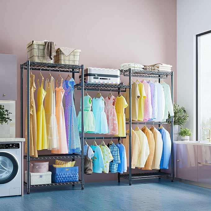 IZEUK Heavy Duty Garment Rack, Wardrobe Combination and Tall Dresser with Hanging Rack for Clothes with 5 Rods, Freestanding Adjustable Metal Closet Organizer, 15.7" D x 70.8" W x 76.5" H, Black