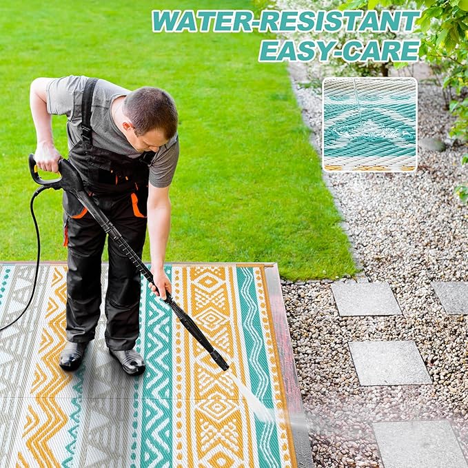 Lahome Outdoor Rugs 8x10 Waterproof, Reversible Outdoor Plastic Straw Rug for Camping Patio, RV Outdoor Rugs Outside, Outdoor Carpet for Porch Deck Backyard Picnic(Blue/Yellow,8'x 10')