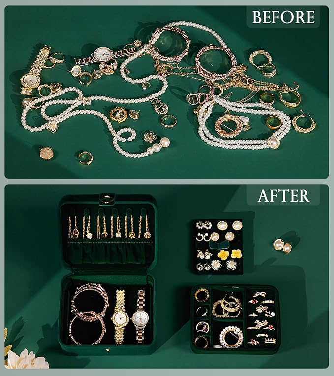 Homde Jewelry Box Small for Women: Ring Earring Organizer Storage for Dresser - Necklace Bracelets Holder with Multi Compartments(Dark Green)