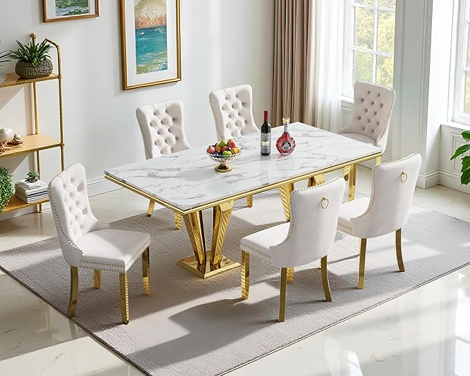 70" Faux Marble Dining Table Set for 6, 7-Piece Dining Set with White Gold Kitchen Table and 6 Velvet Tufted Chairs, Modern Rectangular Dining Room Table with Diamond-Shape Stainless Steel Base