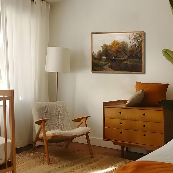 Floating Framed Canvas Wall Art Decor – Vintage Autumn by the Water Landscape Paintings Prints, Nature Countryside Pictures Wall Decor for Living Room Bedroom Office Decoration 12x16 inch