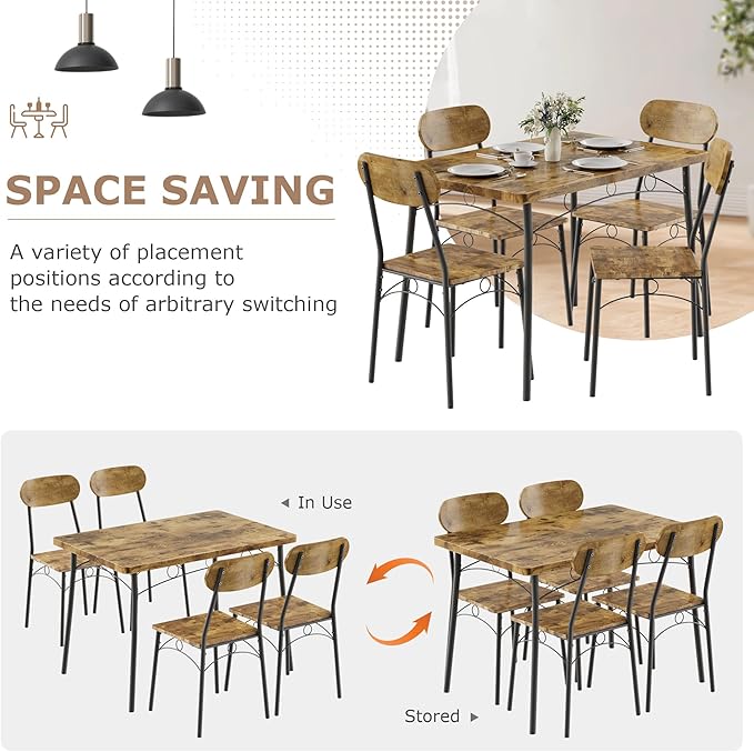 VECELO Dining Table Set for 4, 5-Piece Kitchen Table with 4 Chairs, MDF Board Tabletop with Metal Frame for Small Space, Compact Dinette, Breakfast Nook, Brown