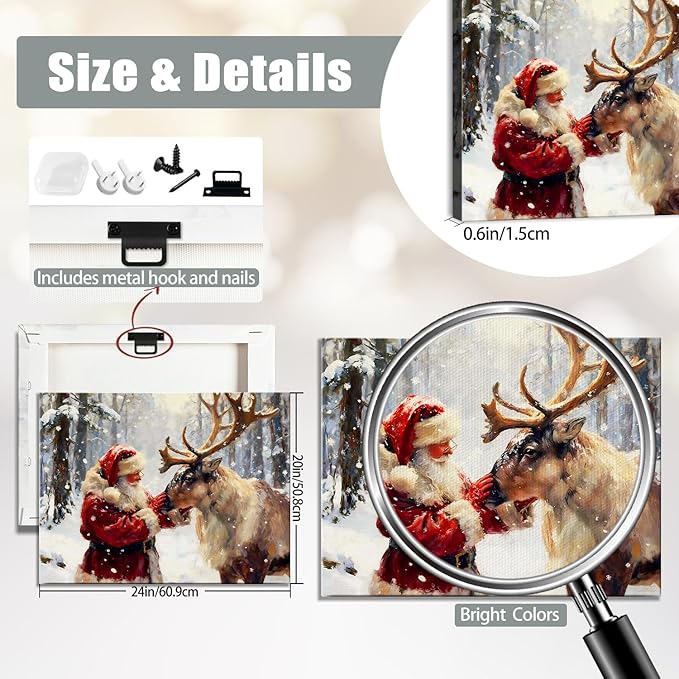 Vintage Reindeer and Santa Claus Christmas Wall Art, Rustic Framed Christmas Picture for Livingroom Bedroom, Ready-to-Hang Christmas Gifts & Festive Winter Wall Decorations