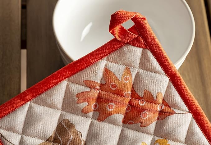 Maison d' Hermine Pot Holders Set 100% Cotton Heat Resistant Potholders 8" x 8" Hot Pads with Loop for Thanksgiving Christmas Decorations BBQ Baking Handling Hot Pans (Pack of 2, Colours of Autumn)