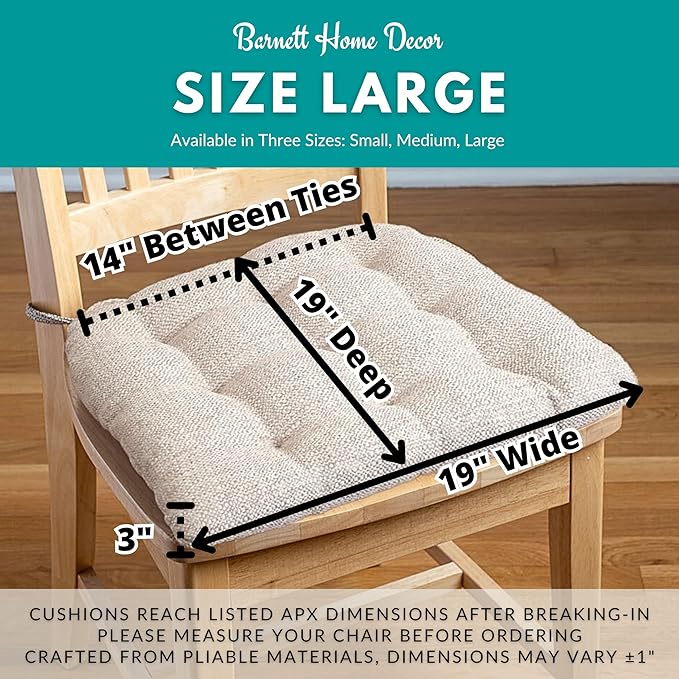 Barnett Home Decor Brisbane Charcoal Dining Chair Cushions with Ties - Size Large 19 x 19 Chair Pad - Latex Foam Fill, Reversible - Made in USA (Dark Gray Black)