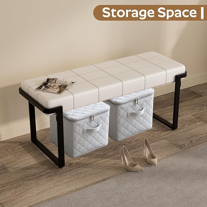 Upholstered Dining Bench, 44.29 Inch Leather Upholstered Bedroom Benches, Entryway Bench for Living Room Kitchen Dining Room(White&Black)