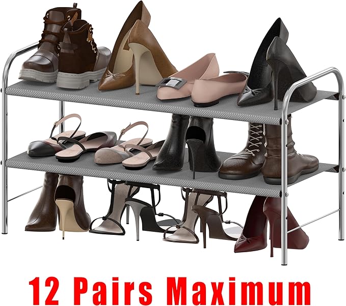 Simple Houseware 2-Tier Shoe Rack Storage Organizer, Grey