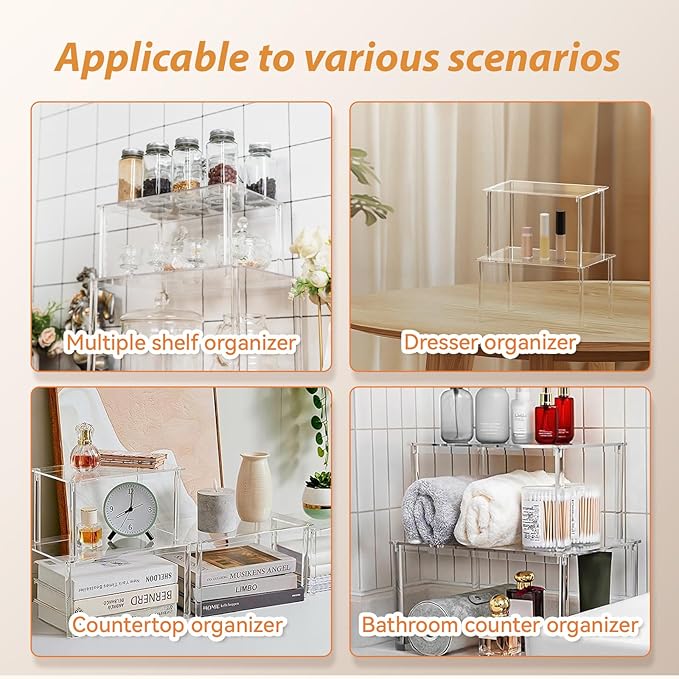 Acrylic Cabinet Organizer Shelf-2 Pack,Stackable Spice Rack Organizer for Cabinet,Clear Shelves for Kitchen Organizers and Storage