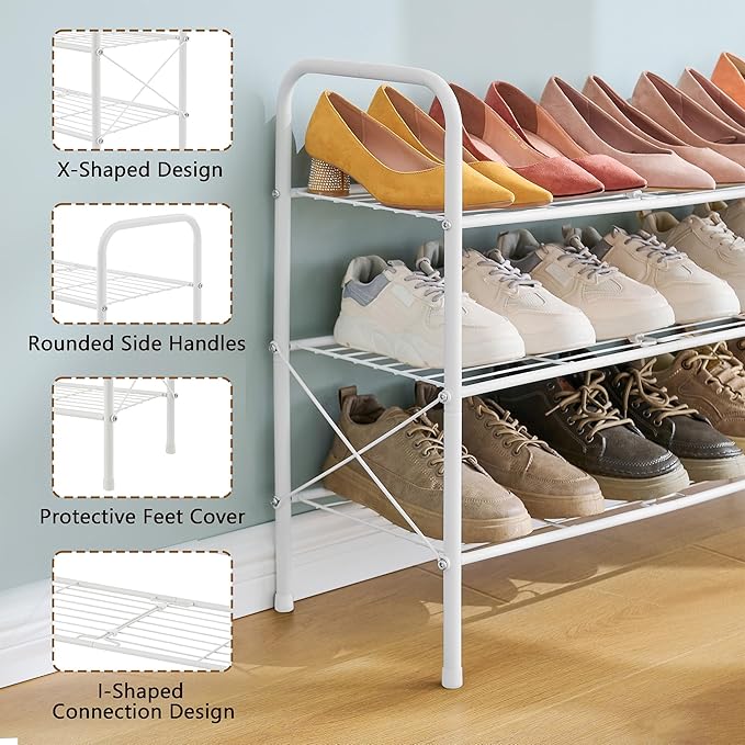 Hoctieon 3 Tier Mesh Style Shoe Rack, Entryway Shoe Shelf, Shoe Storage Organizer, Shoe Rack for Closet, Space Save for Bathroom, Garage, Hallway, Bedroom, Living Room, White
