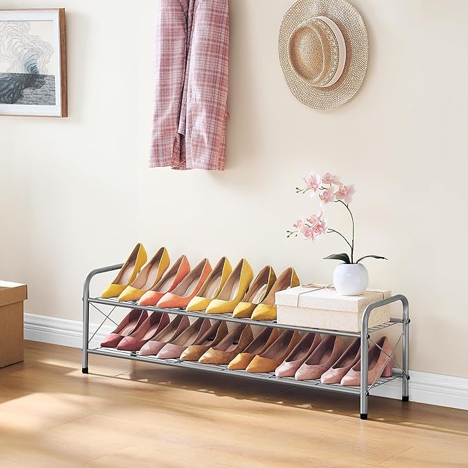 Hoctieon 2 Tier Shoe Rack for Closet, Durable Mesh Style Shoe Rack, Entryway Shoe Shelf, Shoe Storage Organizer for Hallway, Bedroom, Living Room, Wardrobe, Grey