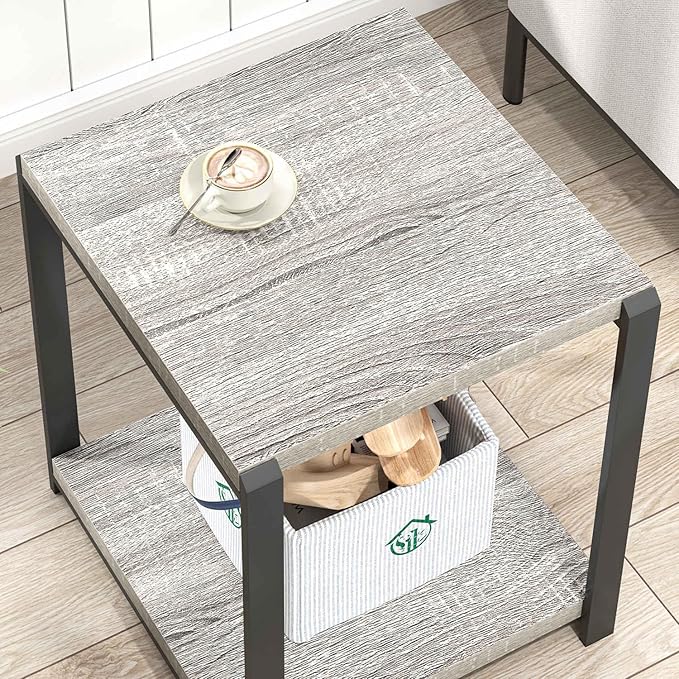 FOLUBAN Modern Side Table, Square End Table with Storage for Living Room Office, Rustic Bedside Table for Bedroom, Small Spaces, Light Grey