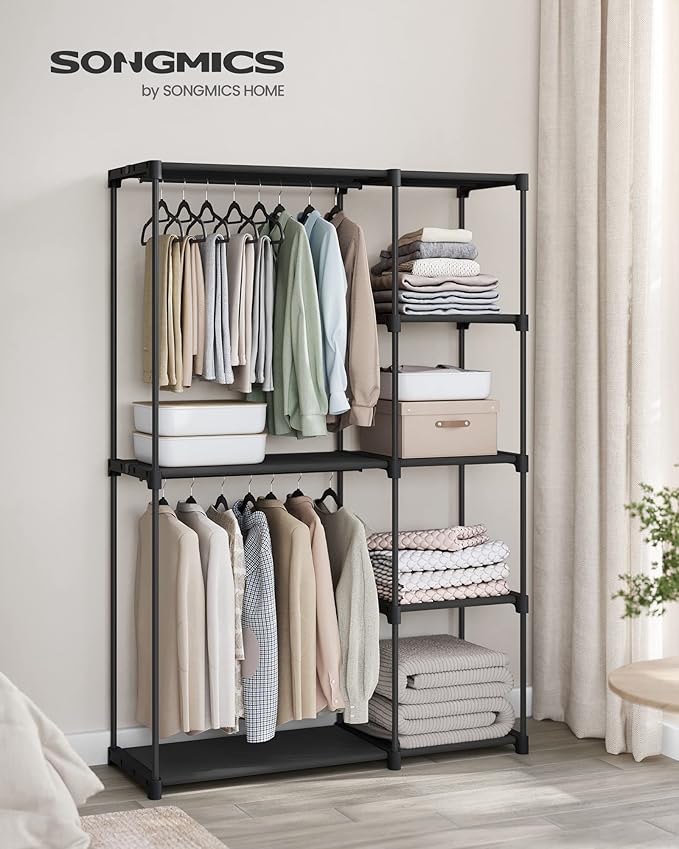 SONGMICS Portable Closet, Freestanding Closet Organizer, Clothes Rack with Shelves, Hanging Rods, Storage Organizer, for Cloakroom, Bedroom, 48.8 x 16.9 x 71.7 Inches, Black URYG026B02