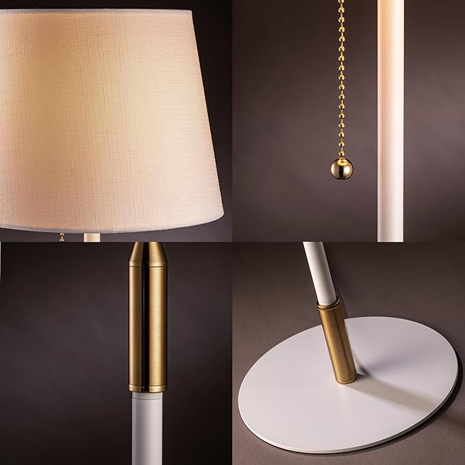 O'Bright Velum Floor Lamp - Elegant Linen Shade, Pull Chain Switch, Luxury Gold Handle, Modern Minimalist Design - Perfect for Living Room, Bedroom, Office - White