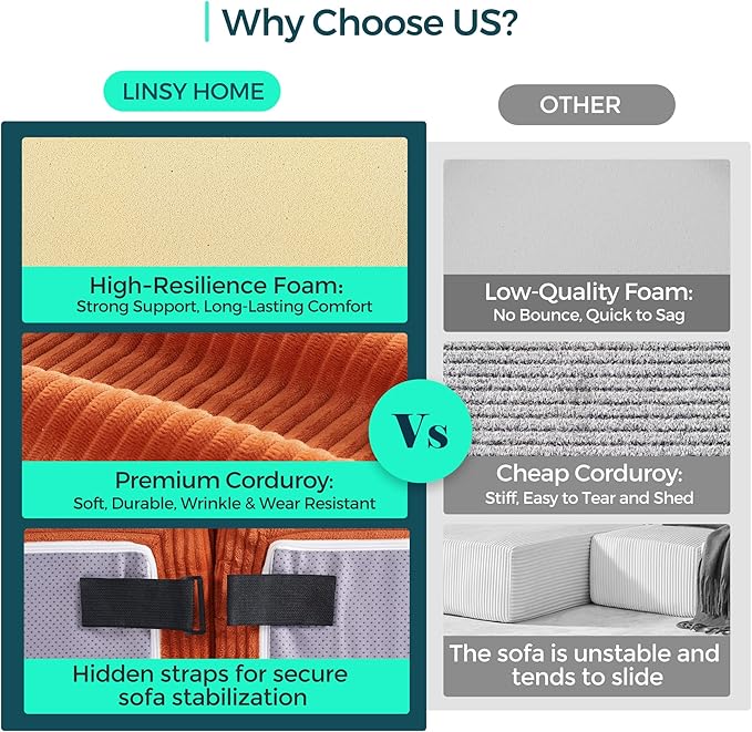 LINSY HOME Modular Sectional Sleeper Sofa Convertible Sofa Bed with 2 Pillows & Ottoman, L Shaped Folding Sofas Corduroy Couch Bed Compression Floor Sofa for Living Room Apartment (Orange)