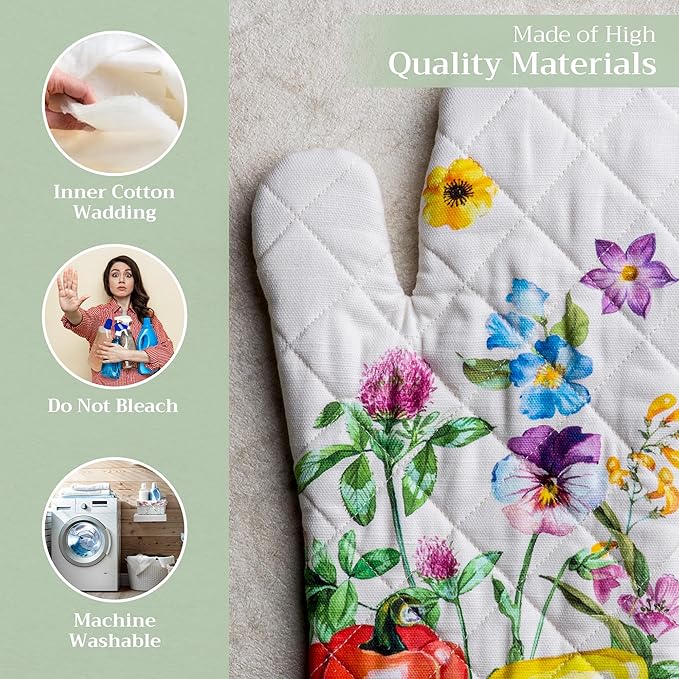 Maison d' Hermine Oven Mitts 100% Cotton Oven Mitt (7.5inch X13'') Easter Heat Resistant Oven Mitt BBQ Cooking Gloves with Loop for Baking, Grilling, Home, Handling Hot Pans, Giverny - Spring/Summer