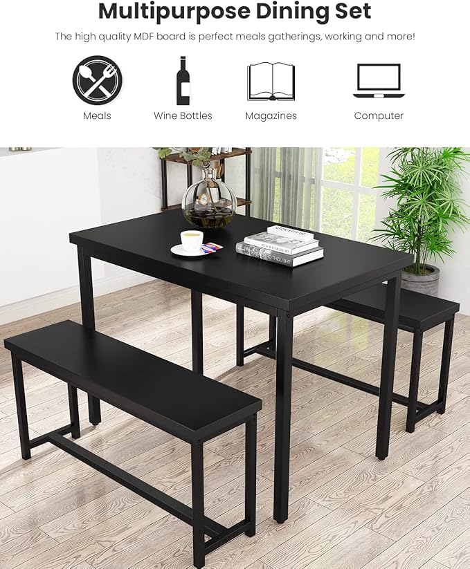 Recaceik 47” Dining Table Set with Benches, 3 Pieces Dining Room Table Set for 4, Wood Kitchen Table and Chair Set with Sturdy Frame, Space Saving Dinette Set for Breakfast Nook, Dining Room, Black