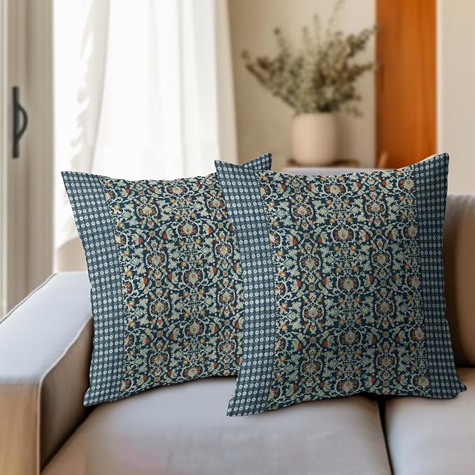 Kawani Antique Pillow Covers 18x18 Inch Vintage Floral Block Print Blue Red Decorative Throw Pillow Covers Set of 2 Retro Turkish Pillowcases for Couch Indoor Outdoor Home Decor