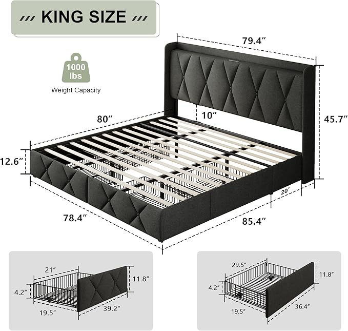 Feonase King Size Bed Frame with 4 Storage Drawers, Upholstered Platform Bed with Charging Station, Wingback Storage Headboard, Wooden Slats Support, No Box Spring Needed, Easy-Assembly, Dark Grey