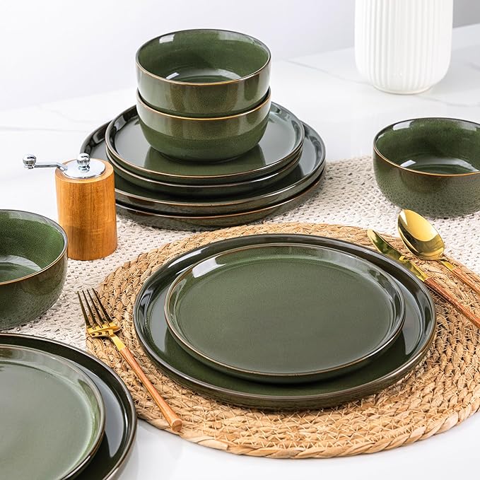 AmorArc Stoneware Dinnerware Sets for 4,Round Reactive Glaze Ceramic Plates and Bowls Set,Highly Scrath Resistant | Dishwasher & Microwave Safe Dishes Set,Service for 4 (12pc)