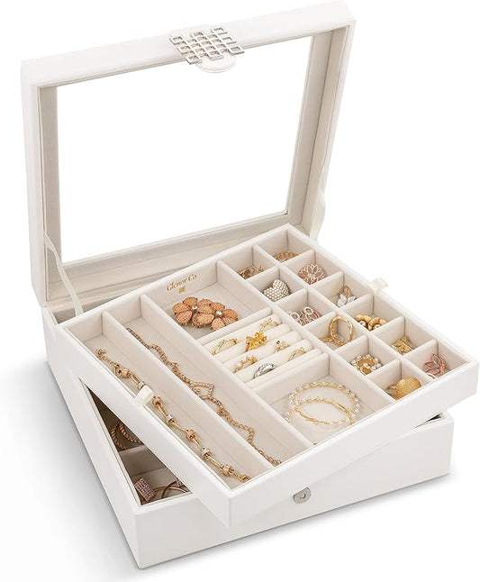 Co 28 Section Jewelry Box - 2 Layer - Buckle Snap & Magnet Closure - Large Glass Top - Leather Design - White - Jewelry Organizer for Women & Girls - for Earring Ring Necklace & Bracelet