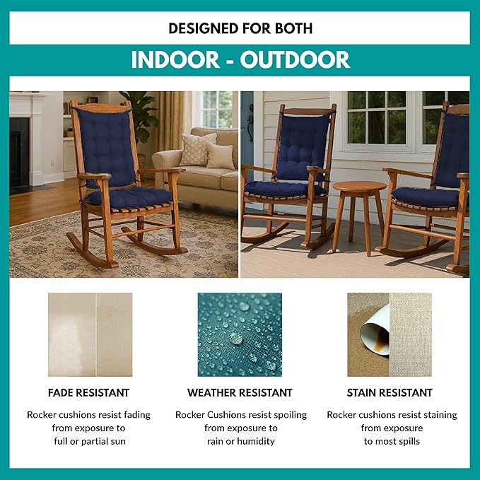 Rave Indigo Blue Porch Rocker Cushion Set - Extra-Large - Indoor-Outdoor: Fade Resistant, Weatherproof - Latex Foam Filled Rocking Chair Seat Cushion & Backrest Pad Set - Solid Color