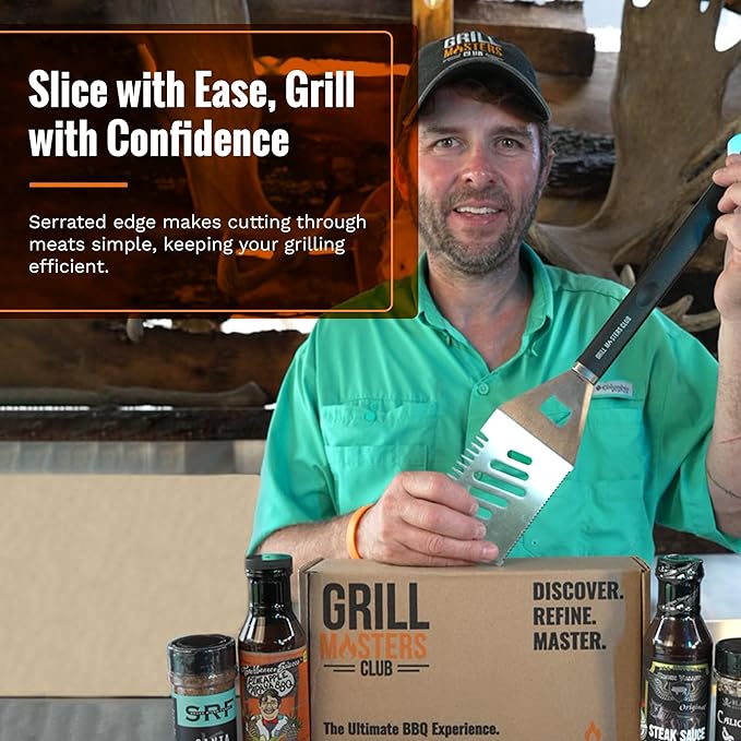 4-in-1 BBQ Spatula | Multifunctional Stainless Steel Grill Spatula with Polypropylene Handle, Serrated Edges, Bottle Opener | Perfect for BBQ grills, kebabs for Camping & Picnics