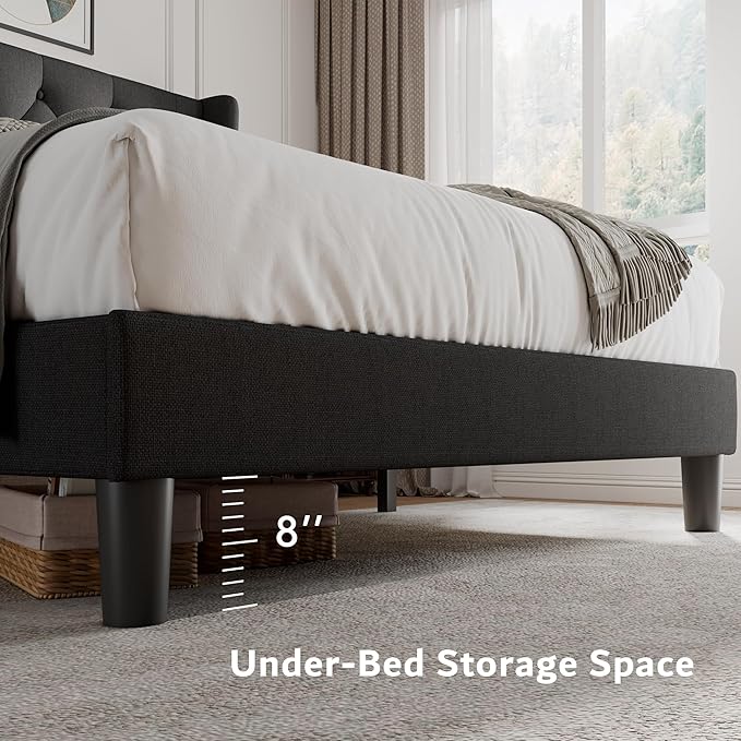 iPormis Full Size Platform Bed Frame with Button Tufted Headboard, Upholstered Bed Frame with Solid Wooden Slats, 8" Underbed Space, No Box Spring Needed, Noise Free, Easy Assembly, Black