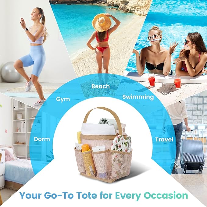 Shower Caddy for College Dorm Room Essentials for Girls with 9 Pockets,Large-Capacity Shower Basket,Quick Dry Toiletry Tote Bag for Women,Outdoor Gym,Travel,Swim,Beach Camping Essentials-Brown