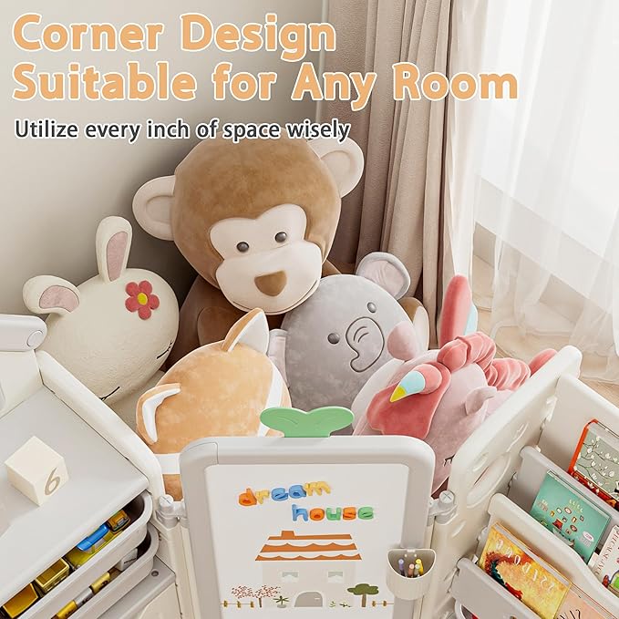 Kids Toy Storage Organizer with 10 Removable Bins, Foldable Toy Organizers and Storage with 3-Tier Bookshelf for Kids Toy Storage Organizer with Drawing Board, Extra 3 Brushes (3 In 1 Off-white)