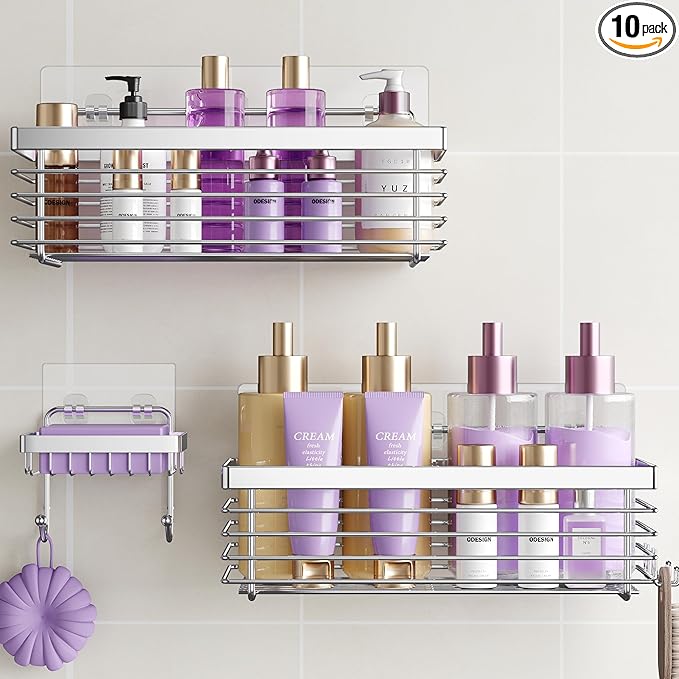 ODesign Shower Caddy 3 Pack SUS304 Stainless Steel-No Drilling-Shower Bathroom Shelves Rack,Rustproof Wall Mounted,Adhesive Shower Shelf Basket Organizer-Silver