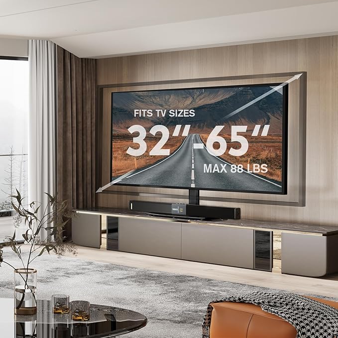 Universal Swivel TV Stand/Base Table Top TV Stand 32 to 65 inch TVs 80 Degree Swivel, 4 Level Height Adjustable, Heavy Duty Tempered Glass Base, Holds up to 88lbs Screens, HT04B-002