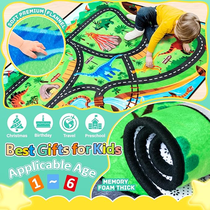 Kids Rug, Car Carpet for Kids' Toy Cars, 6x9 Ft Dinosaur Rug, Dino Safari Road Mat for Playroom, Educational Learning & Game Area Baby Play Mat Carpet for Children