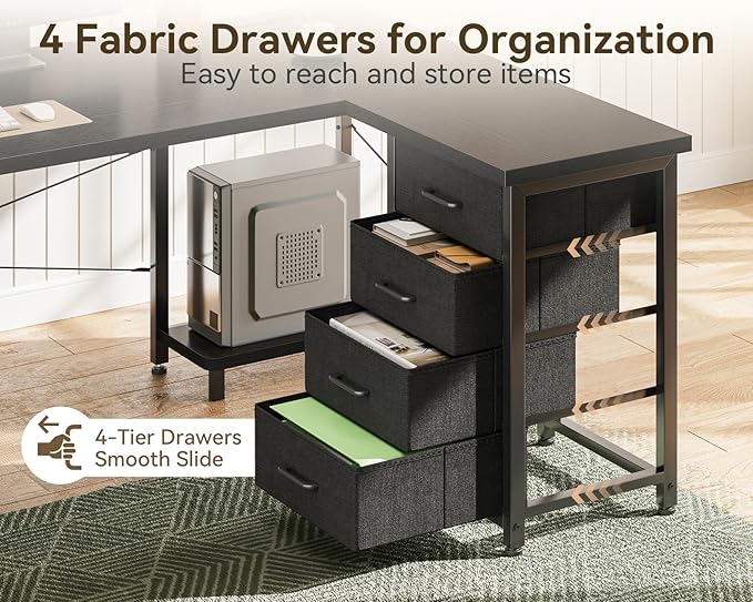 ODK 61'' L Shaped Desk with 4 Drawers, Reversible Corner Desk with Storage, Gaming Table with Power Outlets, USB Ports, PC Case Shelf, Computer Desk for Home Office, Study, Easy Assembly, Black