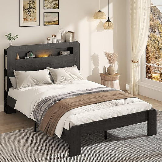 Wooden Bed Frame Full Size with Storage Headboard - Farmhouse Platform Bed Frame with Bookcase Shelf & Led Lights, Sturdy Wood Slat Framework Bed Frame (Black LED)