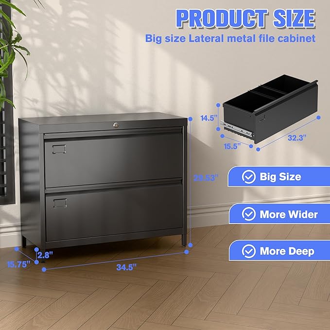 Metal 2 Drawer Lateral File Cabinet with Lock & Adjustable Feet - Wide Filing Cabinet for Letter/Legal/F4/A4 Hanging Files - Includes Business Card Holder,Home Office School Storage,Black