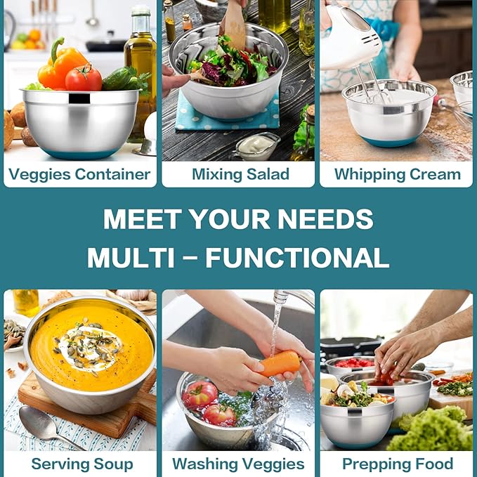 P&P CHEF Mixing Bowls with Lids Set of 5, Stainless Steel Nesting Salad Bowl with Lid & Base for Non-slip Mixing Prepping Storing Serving, 5 Sizes-7/3.5/2.5/1.5/1 QT, Blue