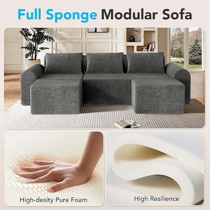 86.6” Cloud Boneless Sectional Sofa for Living Room, 3-Seater Modular Couch for Small Apartments with 2 Ottomans, Deep Seat Chenille Fabric Sofa, No Assembly Required, 72H Full Restore, Grey