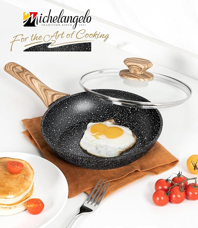 MICHELANGELO 8 Inch Nonstick Frying Pan with Lid, Non Stick Small Frying Pan with Non-Toxic Coating, Non-Stick Skillet with Ergonomic Handle, All Cooktops Compatible, Black